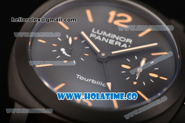 Panerai Luminor 1950 Tourbillon GMT Ceramica PAM 396 Asia ST25 Automatic Ceramic Case with Yellow Stick/Numeral Markers and Black Dial - Click Image to Close